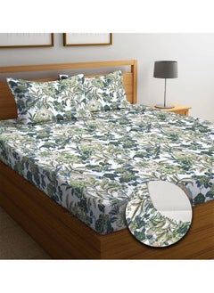 New Leaf NEW LEAF Premium Cotton Elastic Fitted Bedsheets with 2 King Size Pillow Covers | Double Bed with All Around Elastic 220 TC Supersoft | Size - 72 King Sizex78+10 inches | Teal & White  - Image 1