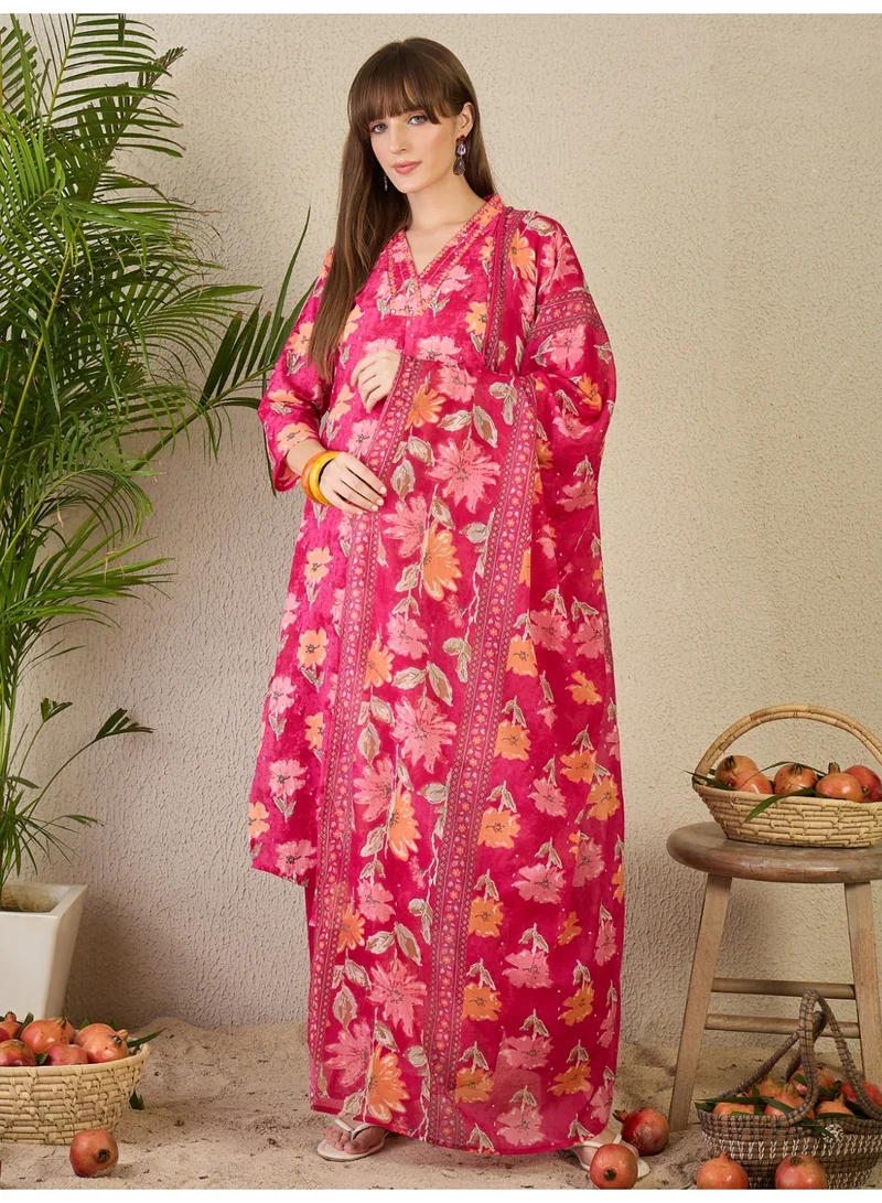 Ameya  Pink-printed-cotton-a-line-kurta-sets-with-dupatta for Women | Best Price UAE