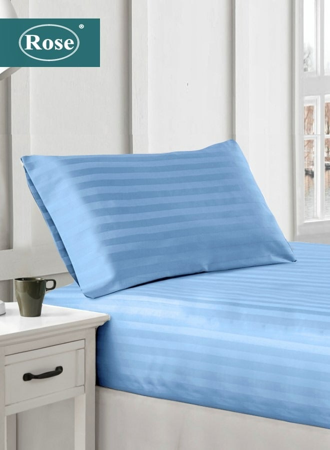 Rose Luxurious Hotel Stripe Fitted Sheet with Deep Pockets and Pillow Case, Bed Sheet 2-Pieces Set, Soft & Silky Microfiber Breathable and Cooling, Extra Twin Size 120x200+35 cm, Light Blue - Image 1