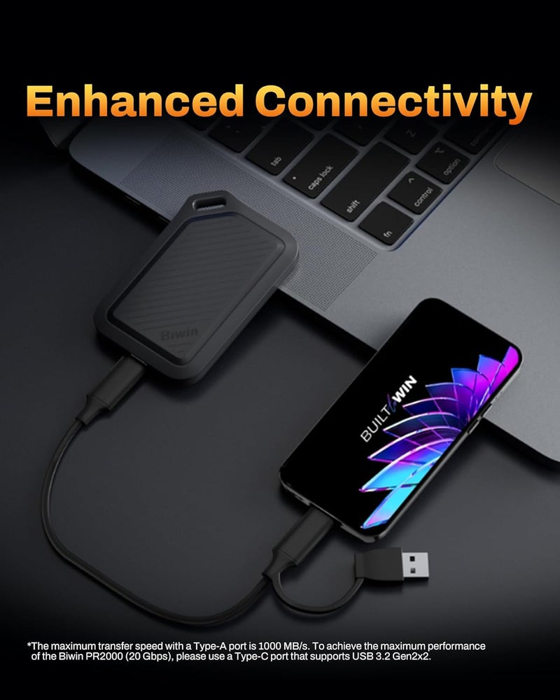 Biwin Amber External SSD 1TB PR2000 USB3.2 Gen2x2 Readout 2000MB/s Portable SSD IP67 Standard, Waterproof, Dustproof, Shockproof, USB A/C Cable Included, Compatible with Windows - Image 3