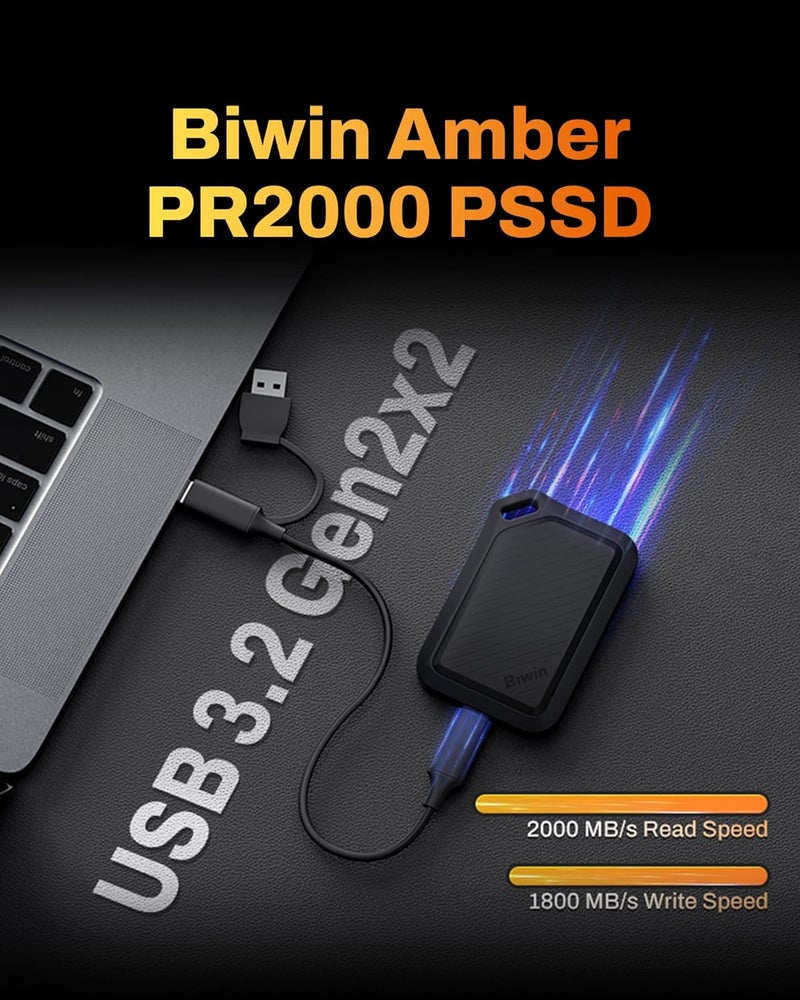 Biwin Amber External SSD 1TB PR2000 USB3.2 Gen2x2 Readout 2000MB/s Portable SSD IP67 Standard, Waterproof, Dustproof, Shockproof, USB A/C Cable Included, Compatible with Windows - Image 1