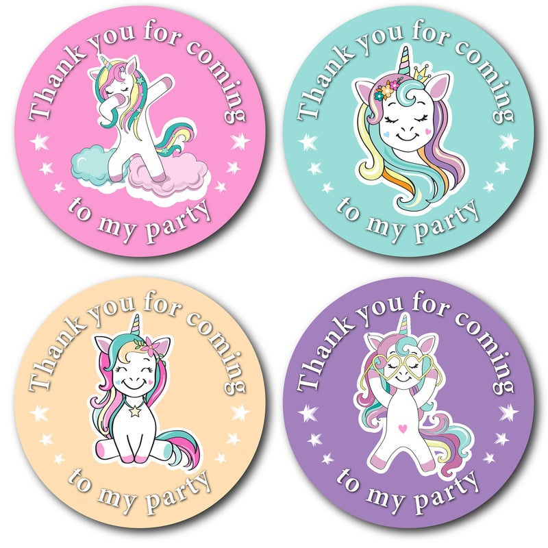 Olivia Samuel 45mm Unicorn Thank You for Coming To My Party Stickers. 4 Pastel Colours (24 Stickers). Great for party bags, sweet cones and birthday party bag fillers.