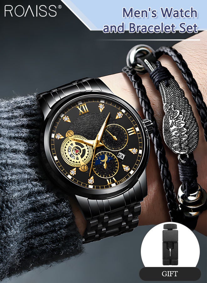 roaiss 2PCS Men's Watch and Bracelet Set Analog Display Round Dial Quartz Watch with PU Leather Bracelet Vintage 2 Pieces Watch Set as Gift for Men  - Image 1