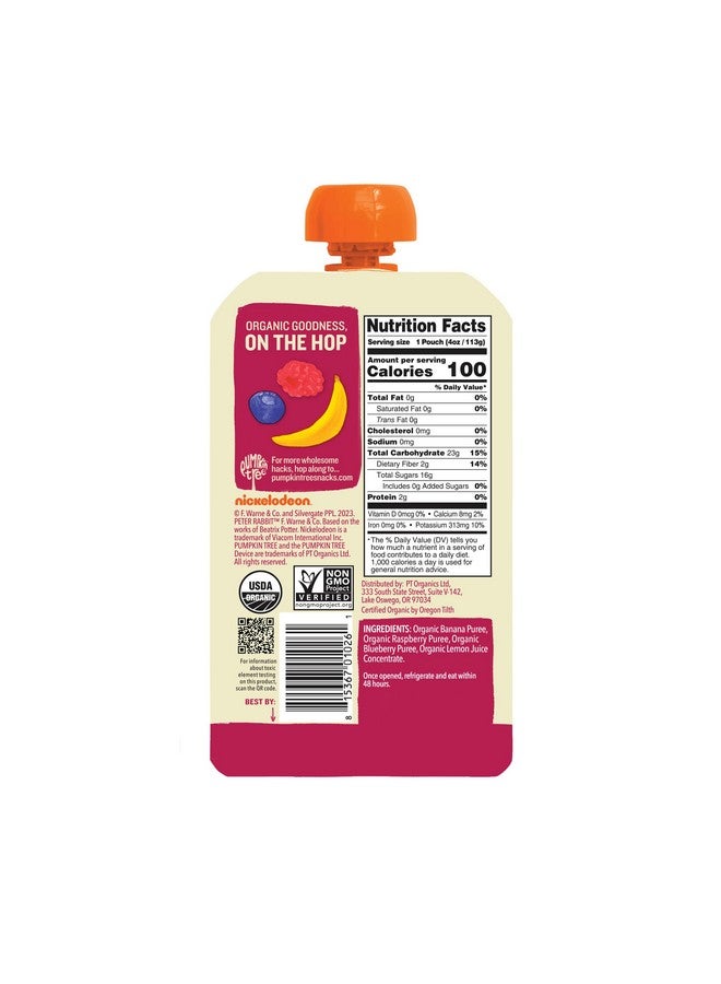Pumpkin Tree Peter Rabbit Organics, Organic Raspberry, Banana and Blueberry 100% Pure Fruit Snack, 4 oz. Squeeze Pouches (Pack of 10) - Image 2