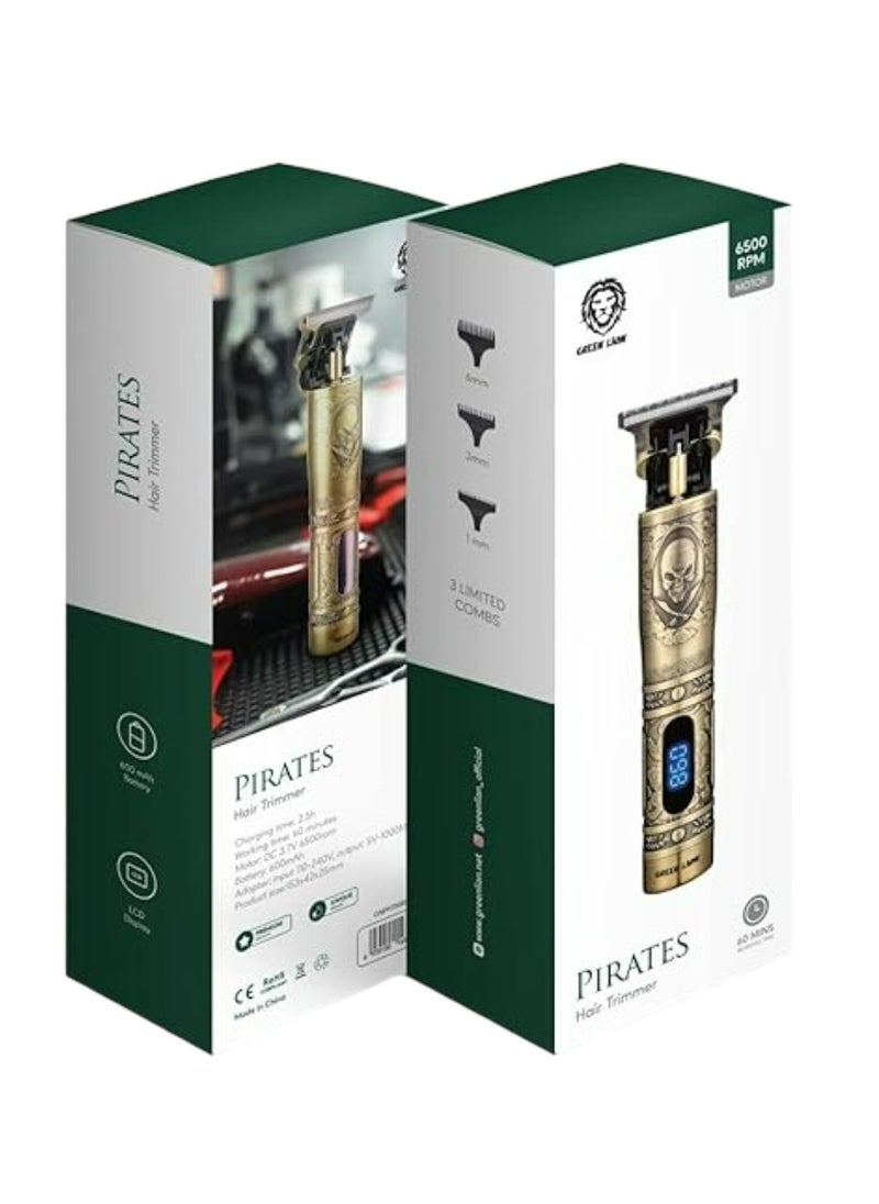 GREEN LION - Pirates Hair Trimmer with 3 Clippers 600mAh, 6500RPM, LCD Display, 60minutes Working Time, Type-C Charging, Metal Body, Lightweight & Portable - Gold - Image 1