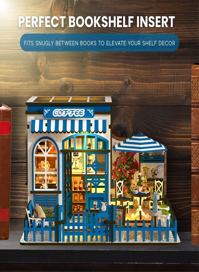 Nimpro Santorini Sun Coffee Shop DIY Book Nook Kit - 3D Wooden Puzzle for Adults with LED Light, Mediterranean Café Bookshelf Insert for Adults and Teens, 317 Pieces, Creative Decor and Gift Idea - Image 3