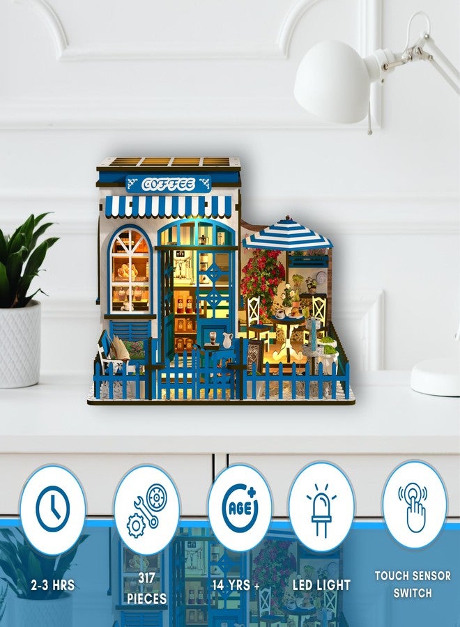 Nimpro Santorini Sun Coffee Shop DIY Book Nook Kit - 3D Wooden Puzzle for Adults with LED Light, Mediterranean Café Bookshelf Insert for Adults and Teens, 317 Pieces, Creative Decor and Gift Idea - Image 2