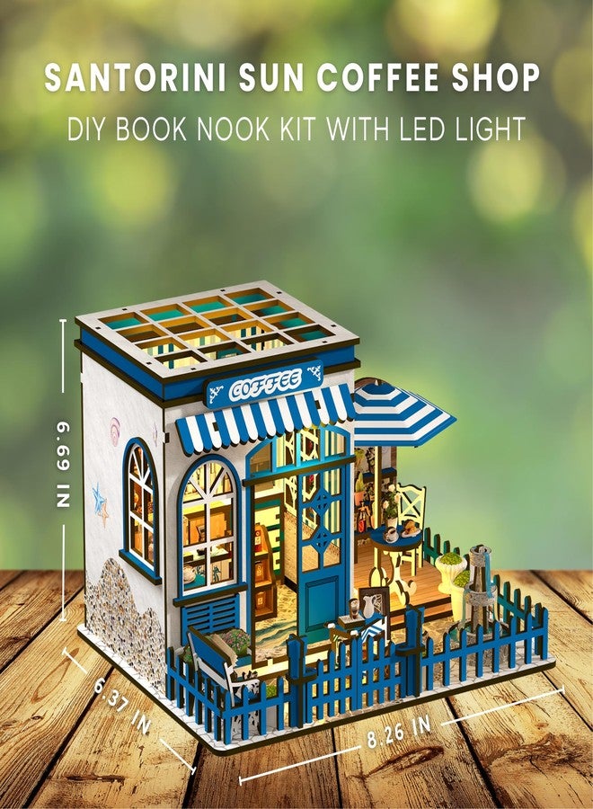Nimpro Santorini Sun Coffee Shop DIY Book Nook Kit - 3D Wooden Puzzle for Adults with LED Light, Mediterranean Café Bookshelf Insert for Adults and Teens, 317 Pieces, Creative Decor and Gift Idea - Image 5