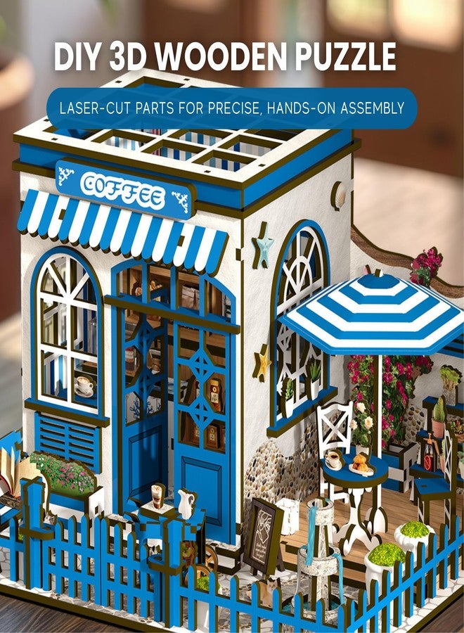 Nimpro Santorini Sun Coffee Shop DIY Book Nook Kit - 3D Wooden Puzzle for Adults with LED Light, Mediterranean Café Bookshelf Insert for Adults and Teens, 317 Pieces, Creative Decor and Gift Idea - Image 4