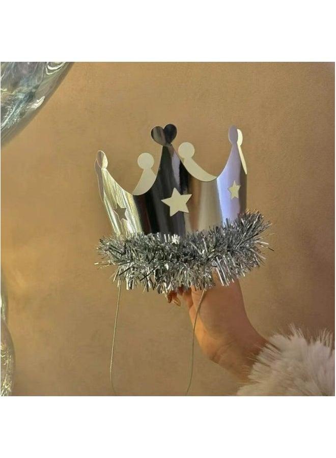 Internet Celebrity Same Style Golden Silver Tassel Crown Birthday Hat Children's Adult Dessert Party Cake Decorative Hat-Specifications:Silver - Image 1
