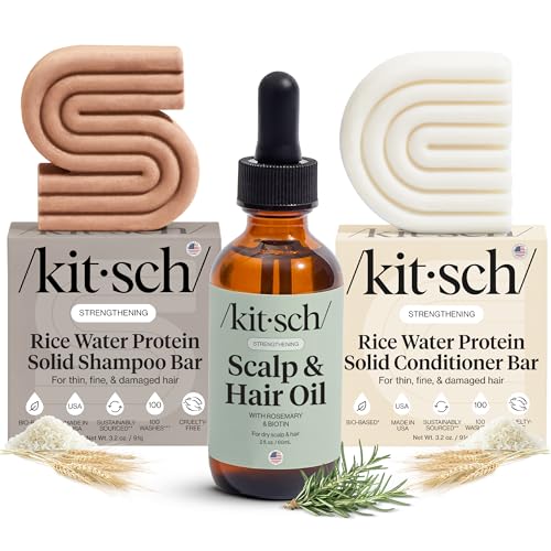 Kitsch Rice Water Shampoo and Conditioner Set PreWash Scalp Serum with Rosemary and Biotin Shampoo and Conditioner Bar for Hair Growth Scalp Nourishment Hair Care 3pc Set - Image 1