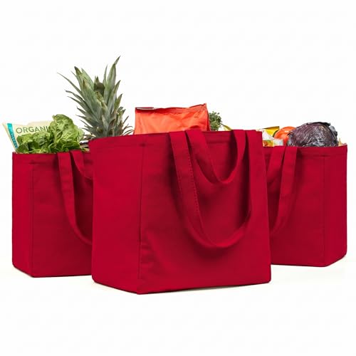 VeraMia Canvas Grocery Bag 3pc Jumbo Set with Real Pockets Long Shoulder Strap and Short Handle Reusable Shopping Bags for Groceries Heavy Duty Foldable Washable Grocery Tote Bag Cranberry Red - Image 1