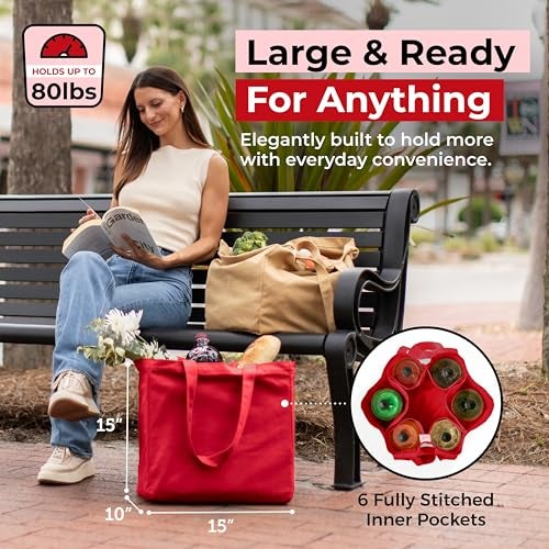 VeraMia Canvas Grocery Bag 3pc Jumbo Set with Real Pockets Long Shoulder Strap and Short Handle Reusable Shopping Bags for Groceries Heavy Duty Foldable Washable Grocery Tote Bag Cranberry Red - Image 3
