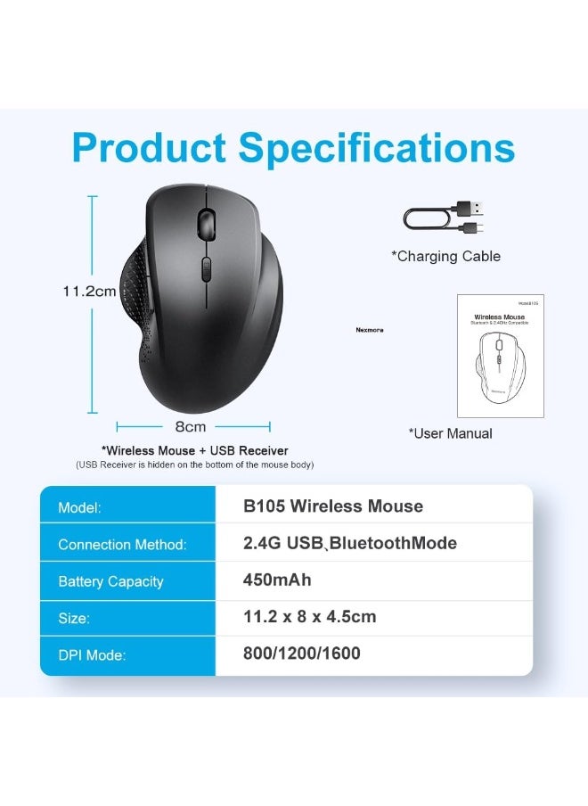 JERTECH - Elite W500 Dual-Mode Wireless Mouse (2.4GHz & Bluetooth) - 2400 DPI 1000 Hz Polling Rate - Silent Clicks - rechargeable USB C - Image 1