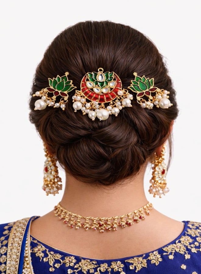 DORMITORRY Bridal Kundan Juda Hair Clip for Women, Lotus Pearl Indian Wedding Hair Pin, Gold Plated Ethnic Bun Holder Hair Accessory for Festive Party, Traditional Jewelry Gift for Girls - 3 Pcs. - Image 5
