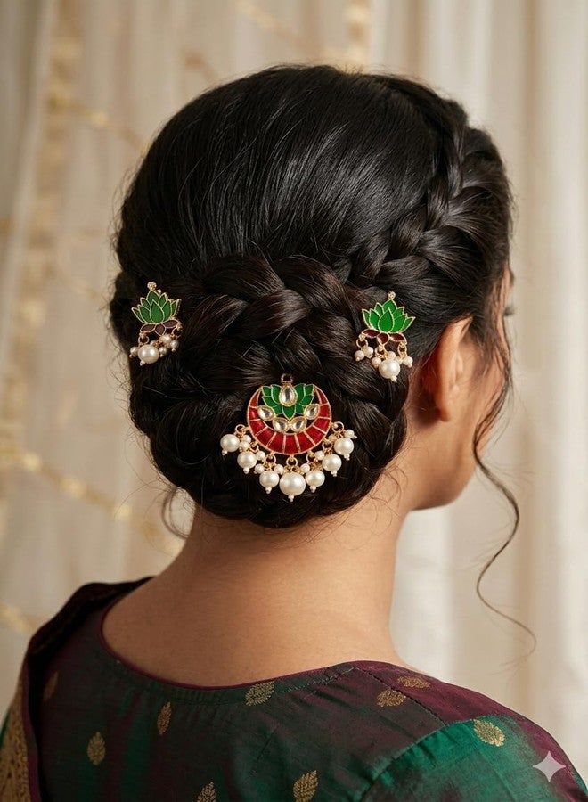 DORMITORRY Bridal Kundan Juda Hair Clip for Women, Lotus Pearl Indian Wedding Hair Pin, Gold Plated Ethnic Bun Holder Hair Accessory for Festive Party, Traditional Jewelry Gift for Girls - 3 Pcs. - Image 1