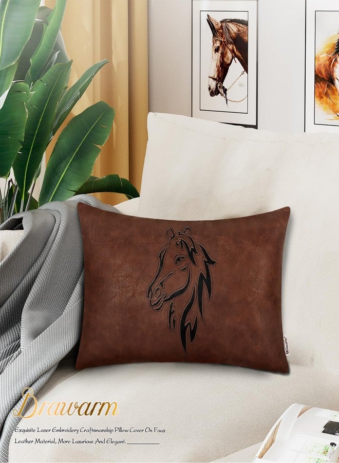BRAWARM Leather Throw Pillow Cover 12 X 20 Inches - Dark Brown Faux Leather Lumbar Pillow Cover Case, Luxury Horse Embroidery Faux Leather Throw Pillow for Couch Sofa Bed Home Decorative - Image 2