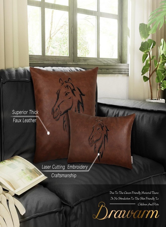 BRAWARM Leather Throw Pillow Cover 12 X 20 Inches - Dark Brown Faux Leather Lumbar Pillow Cover Case, Luxury Horse Embroidery Faux Leather Throw Pillow for Couch Sofa Bed Home Decorative - Image 3