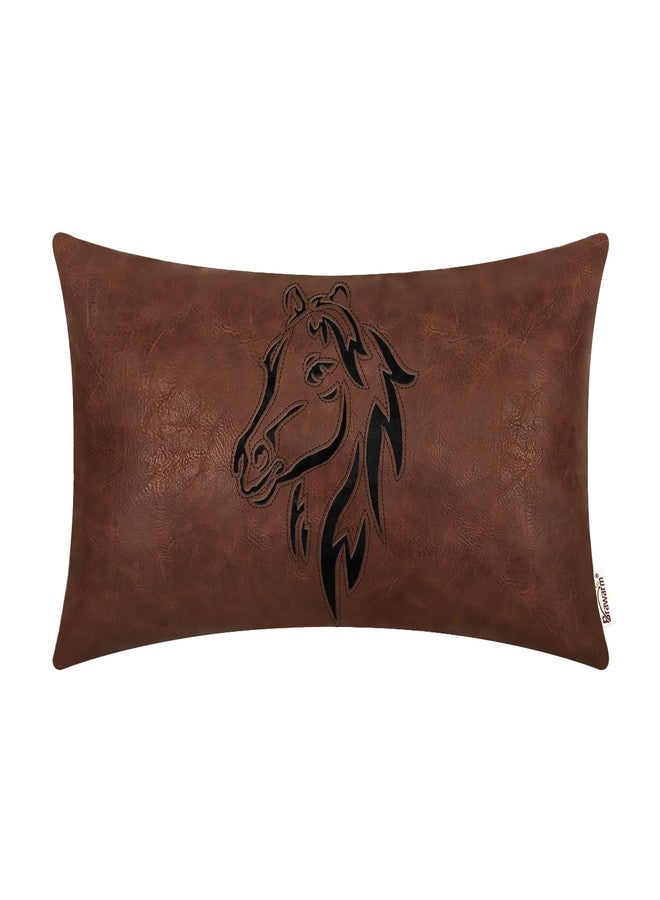 BRAWARM Leather Throw Pillow Cover 12 X 20 Inches - Dark Brown Faux Leather Lumbar Pillow Cover Case, Luxury Horse Embroidery Faux Leather Throw Pillow for Couch Sofa Bed Home Decorative - Image 1