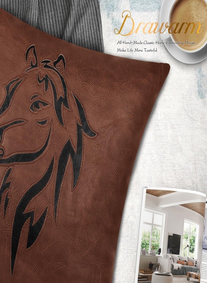 BRAWARM Leather Throw Pillow Cover 12 X 20 Inches - Dark Brown Faux Leather Lumbar Pillow Cover Case, Luxury Horse Embroidery Faux Leather Throw Pillow for Couch Sofa Bed Home Decorative - Image 4