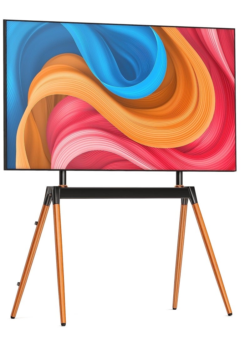 Vizo Hise Easel TV Stand for 55-86 Inch LCD LED Flat or Curved Screen up to 40 kg, Height Adjustable TV Floor Stand with Wooden Legs and Cable Ties  - Image 1