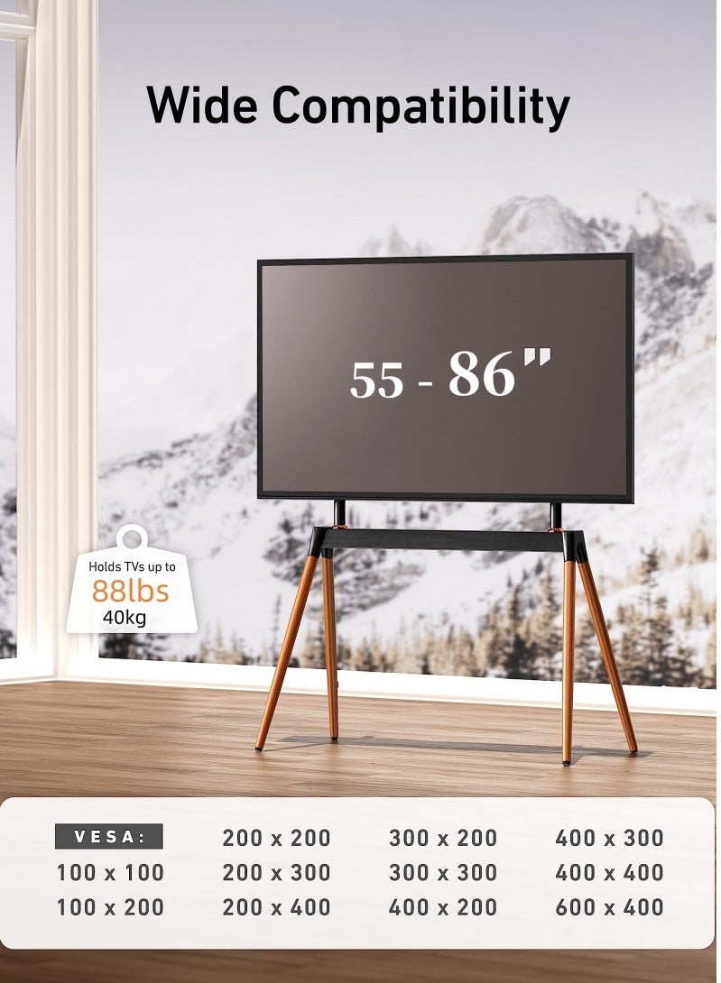 Vizo Hise Easel TV Stand for 55-86 Inch LCD LED Flat or Curved Screen up to 40 kg, Height Adjustable TV Floor Stand with Wooden Legs and Cable Ties  - Image 2