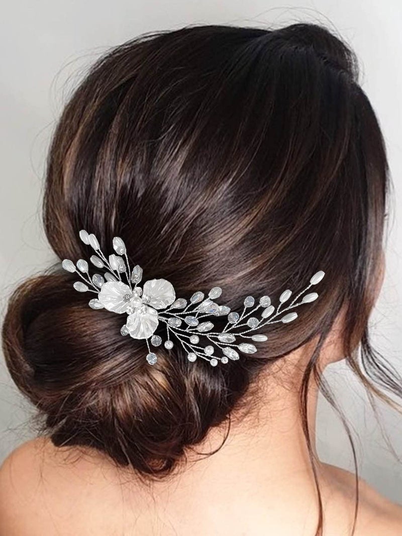 Easedaily Flower Bride Wedding Hair Comb Silver Pearl Bridal Hair Piece Rhinestone Hair Accessories for Women and Girls