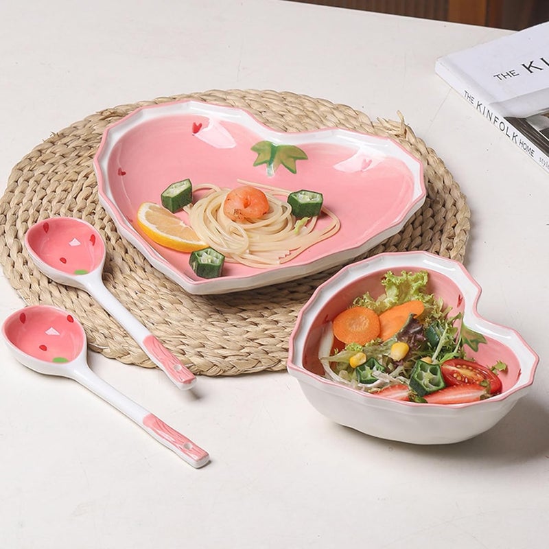 Practical Strawberry Heart Ceramic Salad Bowl Plate Base Smooth Dinnerware Tableware for Daily Meals Strawberry Pattern Ceramic Bowl - Image 4