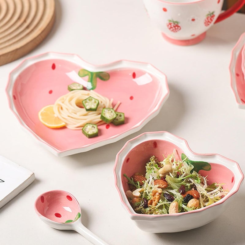 Practical Strawberry Heart Ceramic Salad Bowl Plate Base Smooth Dinnerware Tableware for Daily Meals Strawberry Pattern Ceramic Bowl - Image 2