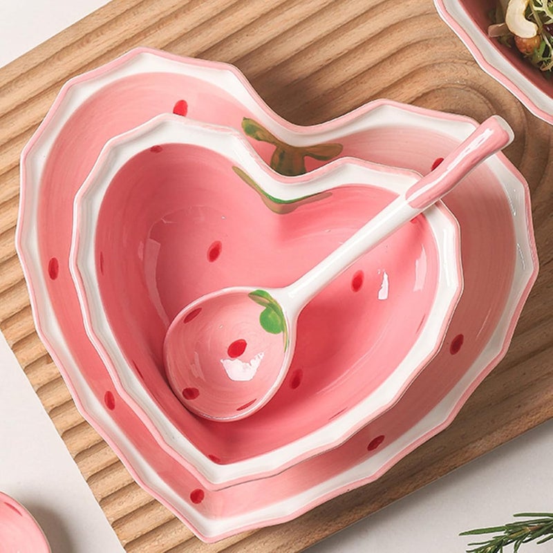 Practical Strawberry Heart Ceramic Salad Bowl Plate Base Smooth Dinnerware Tableware for Daily Meals Strawberry Pattern Ceramic Bowl - Image 3