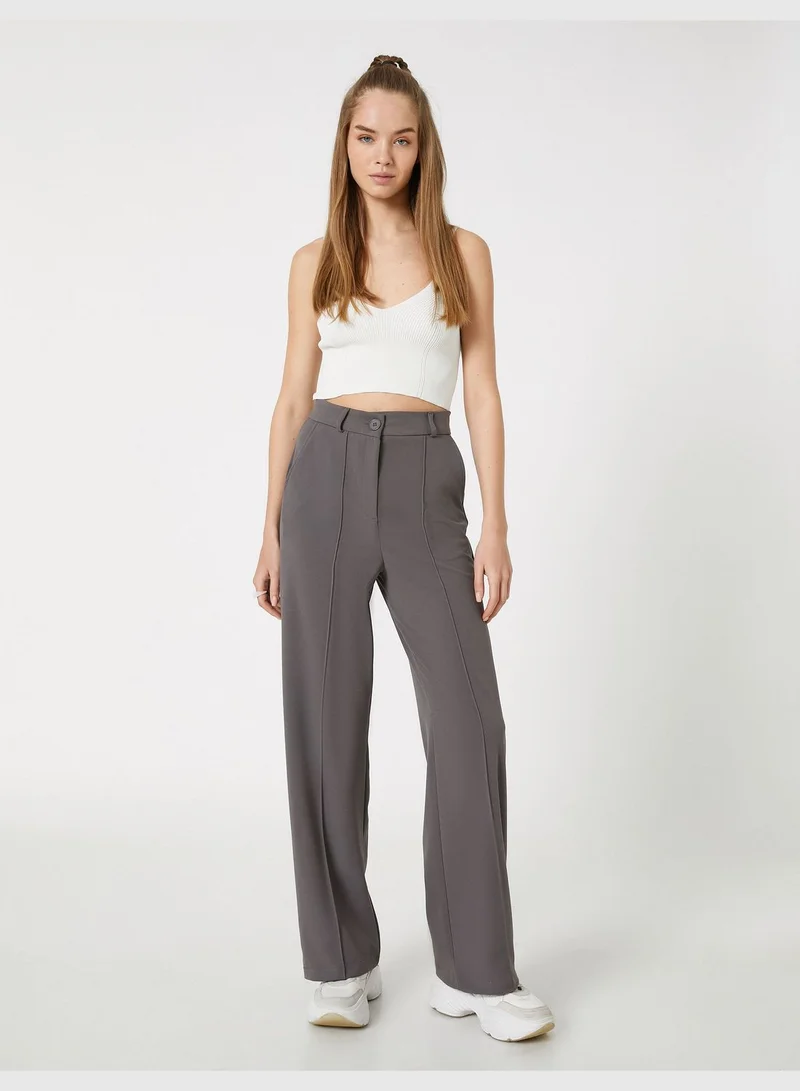كوتون Straight Leg Ribbed Pocket Detail Fabric Trousers