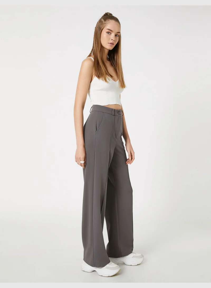 كوتون Straight Leg Ribbed Pocket Detail Fabric Trousers