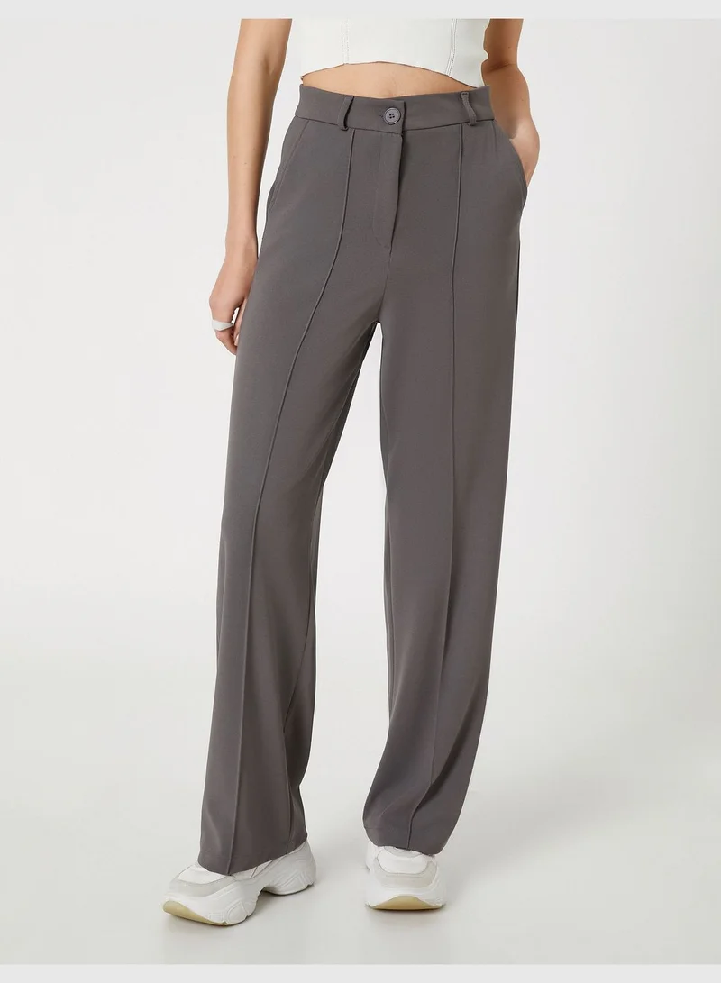 كوتون Straight Leg Ribbed Pocket Detail Fabric Trousers