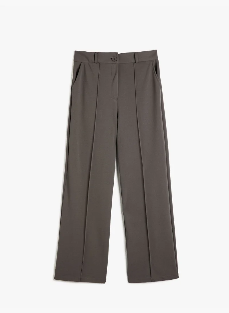 كوتون Straight Leg Ribbed Pocket Detail Fabric Trousers