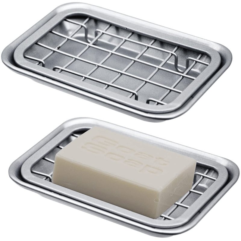 Kitchen and Bathroom Soap Dish Tray  Metal 2Piece Soap Dish Tray with Drainage Grid and Holder for Kitchen Sink Countertops to Store Soap Sponges Scrubbers  Rust Resistant 2 Pack Silver