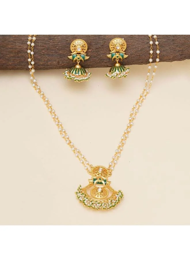 VOYLLA VOYLLA Festive Hues Faux Adorned Long Chain Plated Brass Ethnic Jewellery Set