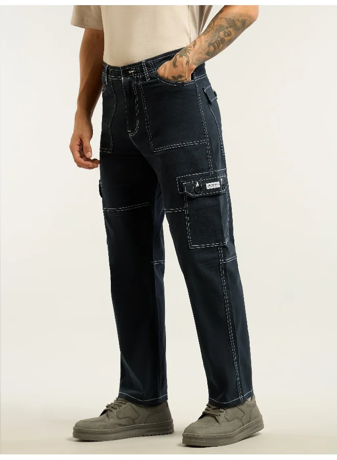 Beyoung Navy Blue Contrast Stitched Cargo Pants