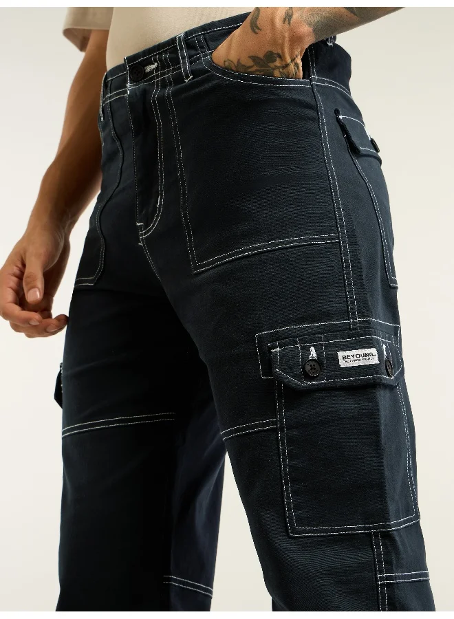 Beyoung Navy Blue Contrast Stitched Cargo Pants