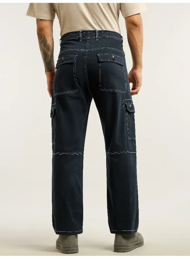 Beyoung Navy Blue Contrast Stitched Cargo Pants
