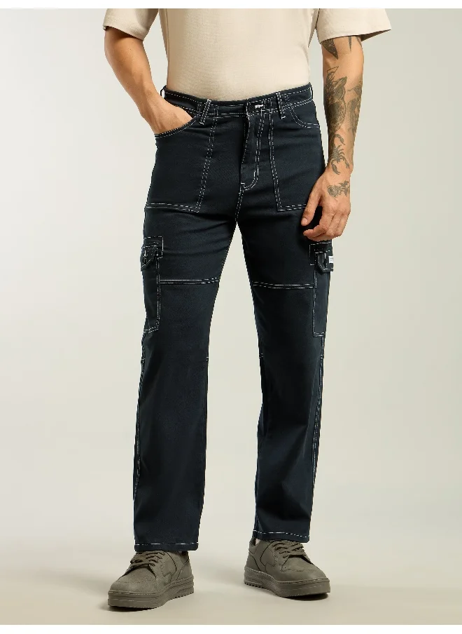 بيونغ Navy Blue Contrast Stitched Cargo Pants