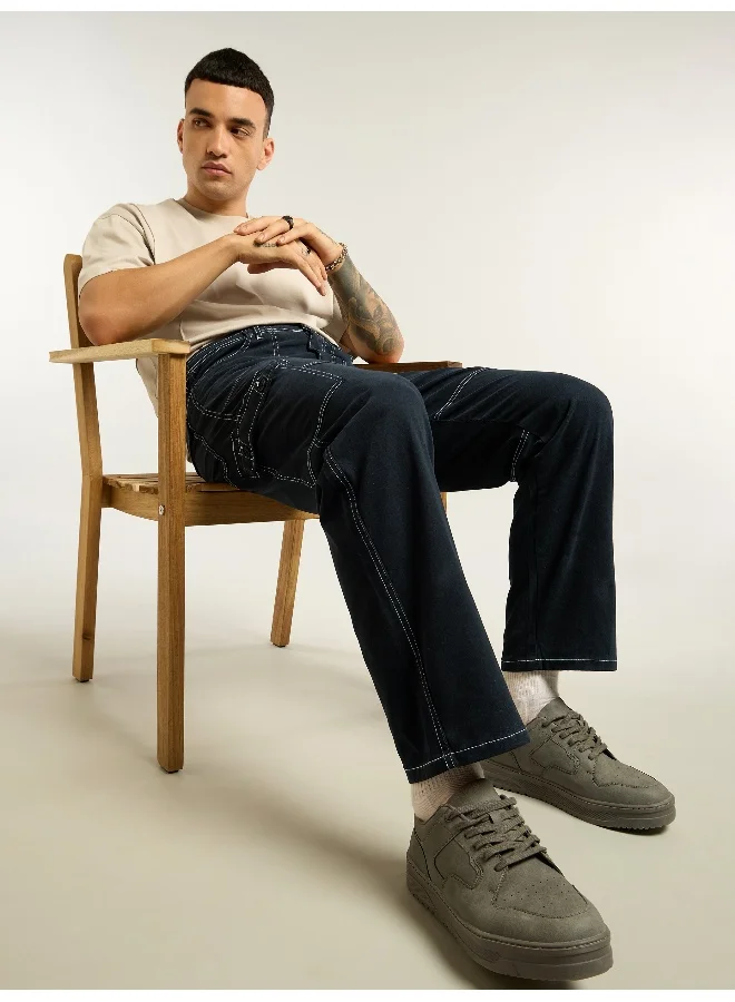 Beyoung Navy Blue Contrast Stitched Cargo Pants