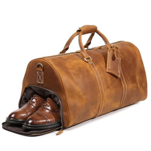 Luokir Mens Leather Weekend Bag Classic Leather Travel Duffel Bags YKK Zipper with Shoes Compartment Sports Vintage Travel Luggage Overnight Duffle Bags Vintage Brown 22 Inch - Image 3