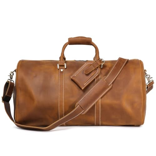 Luokir Mens Leather Weekend Bag Classic Leather Travel Duffel Bags YKK Zipper with Shoes Compartment Sports Vintage Travel Luggage Overnight Duffle Bags Vintage Brown 22 Inch - Image 1