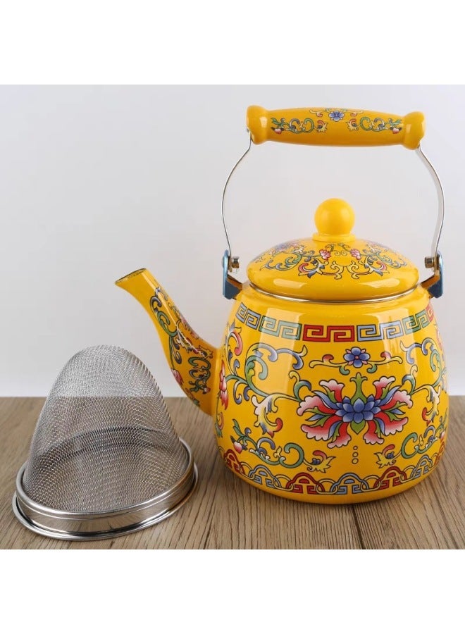 Thickened Large Capacity Enamel Flower Enamel Kettle Milk Tea Pot Flat Bottom Pot Universal Tea For Induction Cooker-Color:3.3 Liters Of Yellow Hook Lotus (with Filter)-Capacity:Default  - Image 1