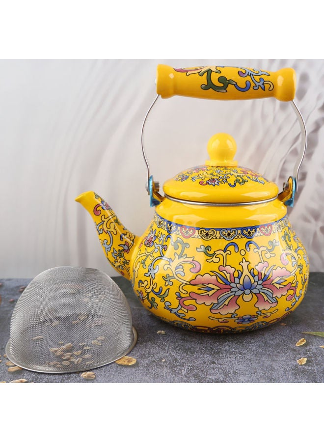 Thickened Large Capacity Enamel Flower Enamel Kettle Milk Tea Pot Flat Bottom Pot Universal Tea For Induction Cooker-Color:3.3 Liters Of Yellow Hook Lotus (with Filter)-Capacity:Default  - Image 4