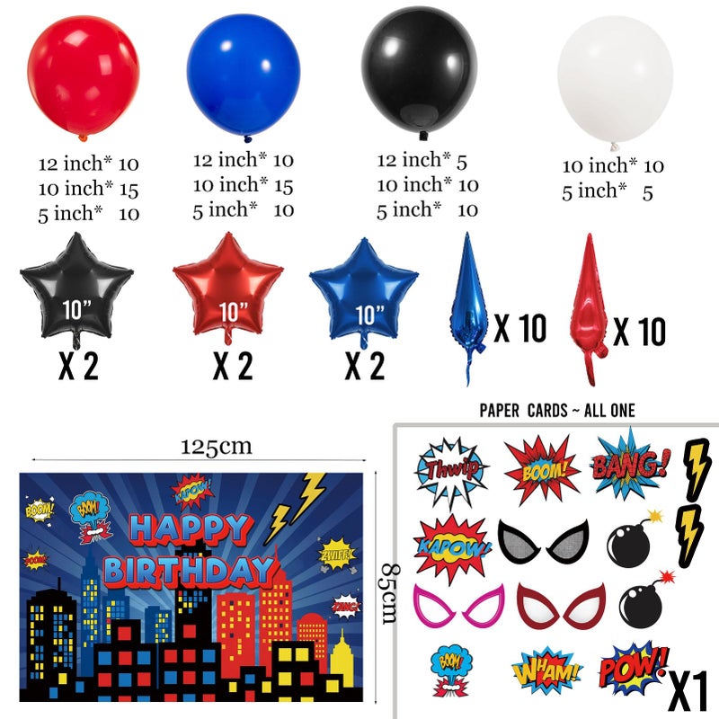 yeewaka Blue Red Black white Balloon Garland Arch Kit 140PCS with backdrop card stickers Large Starburst mylar balloons for Spider Theme boy birthday Party Man Superhero inspired decorations - Image 5