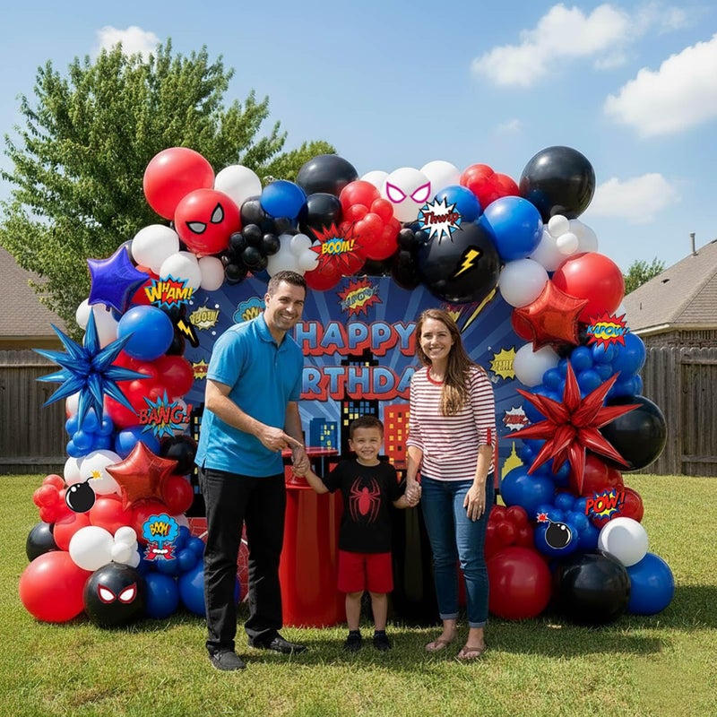 yeewaka Blue Red Black white Balloon Garland Arch Kit 140PCS with backdrop card stickers Large Starburst mylar balloons for Spider Theme boy birthday Party Man Superhero inspired decorations - Image 3