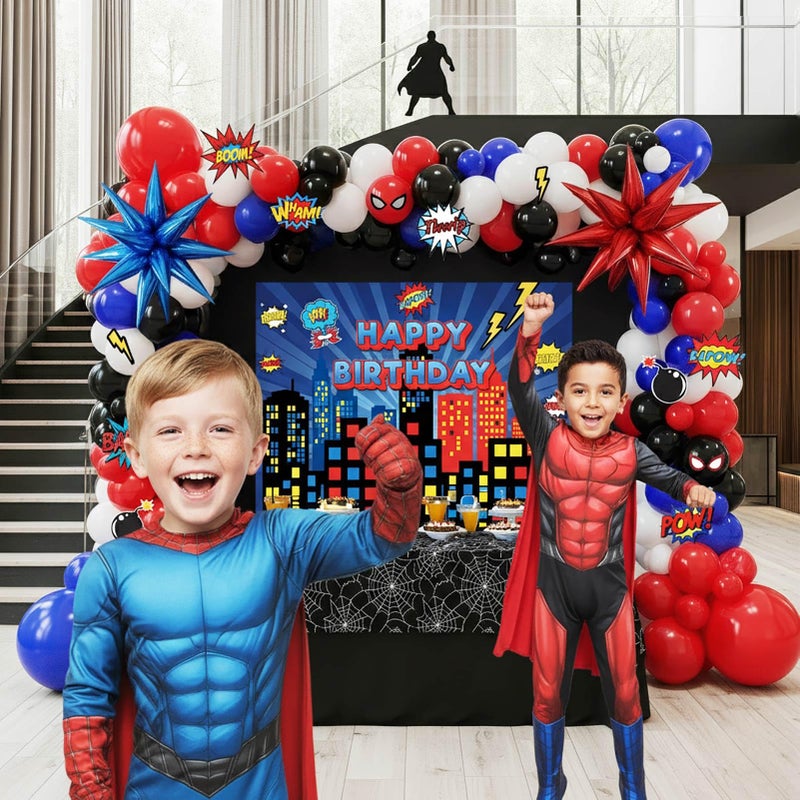 yeewaka Blue Red Black white Balloon Garland Arch Kit 140PCS with backdrop card stickers Large Starburst mylar balloons for Spider Theme boy birthday Party Man Superhero inspired decorations - Image 2