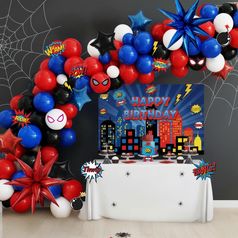 yeewaka Blue Red Black white Balloon Garland Arch Kit 140PCS with backdrop card stickers Large Starburst mylar balloons for Spider Theme boy birthday Party Man Superhero inspired decorations - Image 1