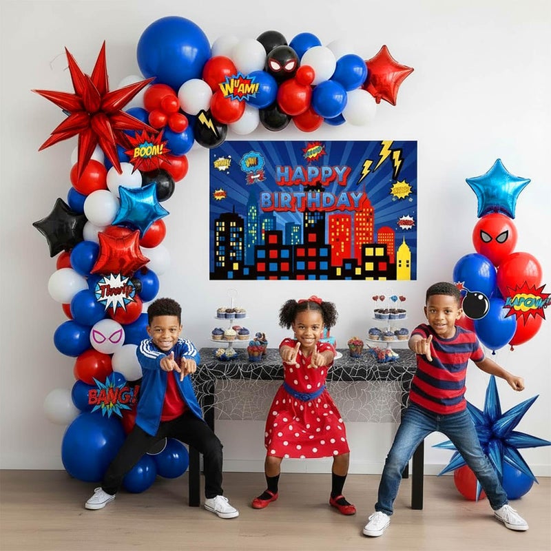 yeewaka Blue Red Black white Balloon Garland Arch Kit 140PCS with backdrop card stickers Large Starburst mylar balloons for Spider Theme boy birthday Party Man Superhero inspired decorations - Image 4